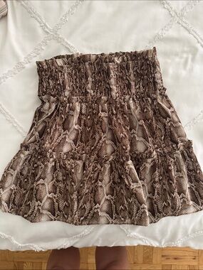 Storia Brown Snake-Print Smocked Tiered Mini Skirt